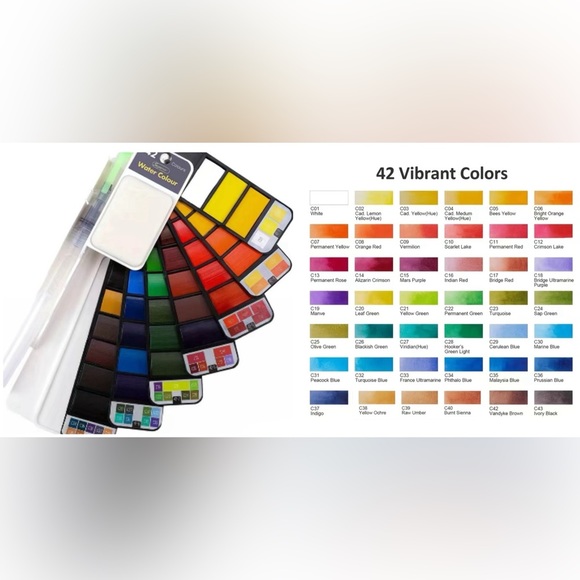 Travel Watercolor Painting Set - 42 Color Fan, Portable Brushes, Carrying Case - Picture 10 of 14